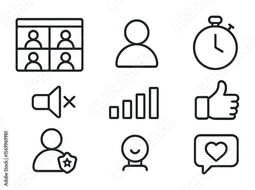 Group Workout Icons. Outline vector icons of live group workouts: video grid, participant icon, mute symbol,