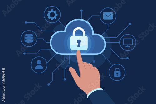 Cybersecurity cloud computing concept. Hand touching secure cloud icon with lock. Data protection, network connection, privacy, technology, online security, digital access vector