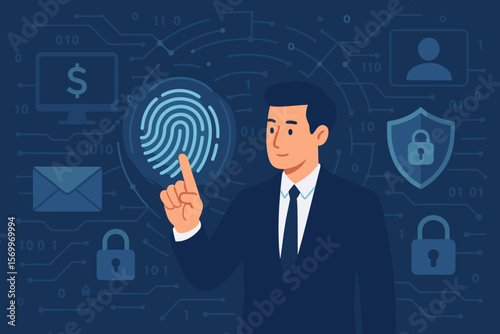 Businessman Touching Digital Fingerprint for Cyber Security Access, Online Identity Verification, Secure Financial Data, Internet Protection, Technology, Network Privacy Concept