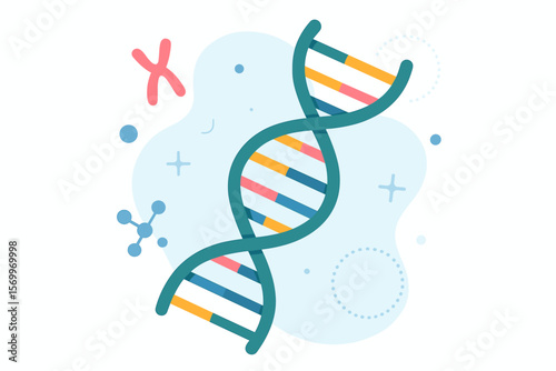 DNA double helix structure. Genetic molecule. Chromosome science research. Genome biotechnology. Human cell biology. Flat vector illustration. Molecular genetics concept.