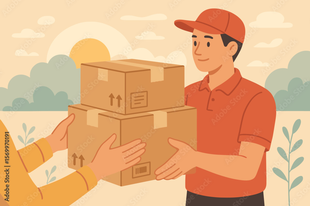 Delivery service concept. Customer receiving cardboard boxes parcel from courier in morning. Package handover, shipping, express logistics, online shopping. Flat vector illustration.