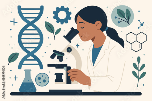 Female Scientist in Laboratory Conducting Genetic Research with Microscope, DNA Helix, Molecular Structure, Biotech Science, Flat Vector Illustration, Modern Biology Concept