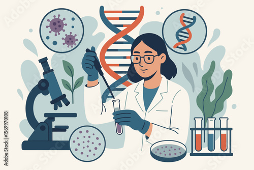 Genetic research laboratory scientist analyzing DNA helix, virus, microscope, test tubes, petri dish, biotechnology innovation, genome sequencing, molecular biology concept