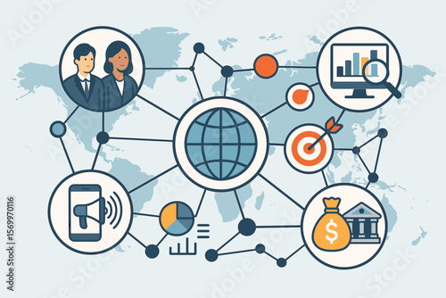 Global business network structure, data analysis, digital marketing strategy, financial banking, target, communication, technology, worldwide connection, analytics, teamwork