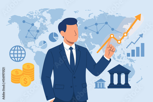 Global business finance investment concept. Investor analyzing stock market data growth. Banking, money, economy, profit, financial strategy, world map, success, risk analysis
