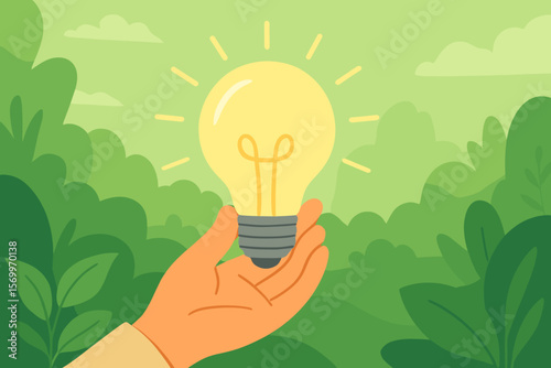 Hand holding glowing light bulb on green nature background, eco energy, renewable resources, sustainability, Earth Day, environmental protection, energy saving concept