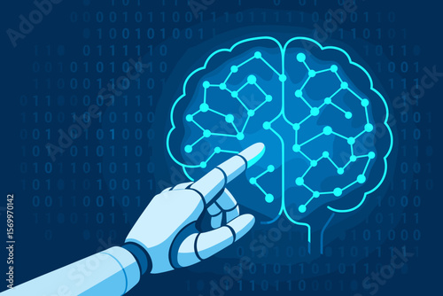 Robotic Hand Touching Digital Brain Neural Network. Artificial Intelligence, Deep Learning, Binary Data, Machine Learning, Algorithm, Futuristic Technology, Innovation Concept