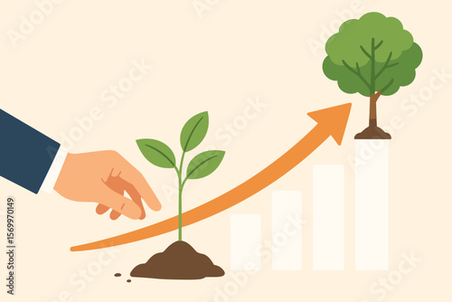 Business growth investment concept. Hand planting seedling, nurturing plant to tree. Success, profit, development, upward arrow, bar chart. Future financial progress metaphor.
