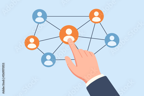 Business Teamwork Network Connection. Hand Selecting Person in Human Resource Management. Social Media, Recruitment, Leadership, Organization Structure, Communication Concept Vector