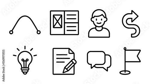Storytelling Vector Icons. Outline vector icons of storytelling in education: narrative arc, storyboard sketch
