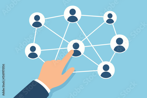 Business network connection concept. Hand touching connected people icons. Teamwork, communication, social network, project management, human resources, collaboration illustration