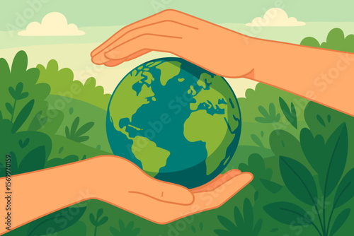 Earth Day concept. Hands gently holding and protecting planet Earth globe. Environmental conservation, nature protection, ecology care, sustainability. Green foliage background. Vector illustration