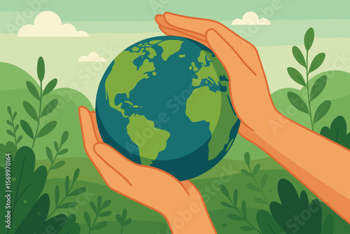 Hands holding Earth globe on green nature background. Environmental protection concept. Climate change awareness. Sustainable ecology illustration. Planet conservation vector graphic.