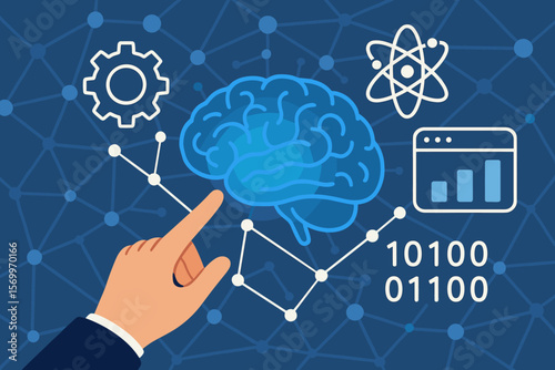 Artificial intelligence brain network. Hand touching data science, machine learning, technology innovation, neural network, binary code, analytics, modern vector illustration