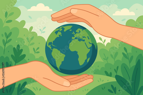 Earth Day environmental protection concept. Hands holding and protecting globe on green nature background. Ecology, sustainability, save planet, conservation, care illustration.