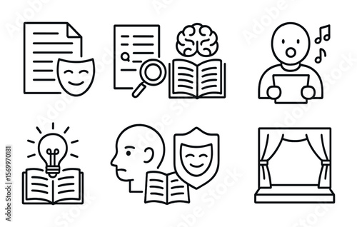 Theater Literacy Icons. Outline vector icons of theater and literacy connection: script reading, vocabulary