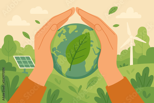 Sustainable development concept. Hands protect green earth globe with leaf. Renewable energy, solar panel, wind turbine, eco-friendly environment, nature conservation, responsibility.