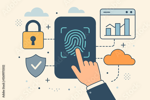 Fingerprint authentication unlocking secure business data access, cybersecurity network protection, cloud computing, privacy shield, digital lock, modern flat vector illustration