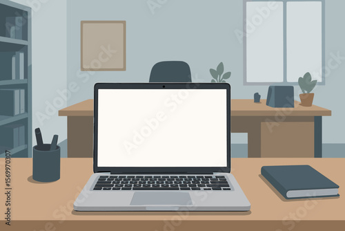 Modern office workspace with laptop blank white screen on desk, business workplace interior, flat vector illustration, digital technology, productivity, professional environment