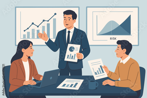 Business team meeting discussing financial plan, investment strategy, risk analysis, reviewing data charts, financial reports, banking, finance, office collaboration concept