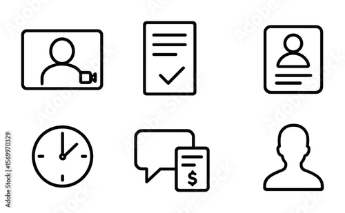 Online Tutoring Icons. Outline vector icons of online tutoring gigs: video call, lesson plan, whiteboard,