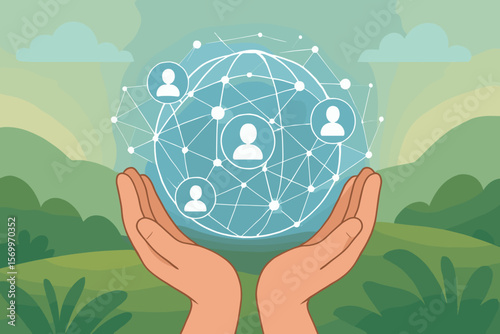 Hands Holding Global Network Sphere, Social Media Connection, Digital Community, Abstract Data Sharing, People Profile Nodes, Nature Background, Modern Vector Illustration