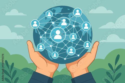 Global network connection in hands, digital social media community, worldwide data sharing, people communication, internet technology, abstract science vector illustration