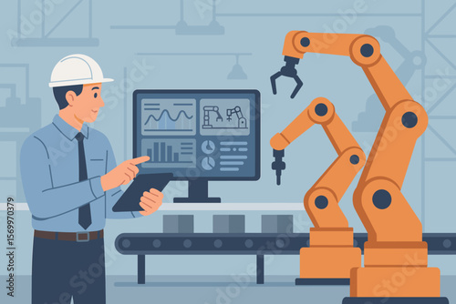 Industrial engineer monitoring and controlling robotic arms automation in smart factory. Real time data analysis, manufacturing process, conveyor belt, modern industry technology vector