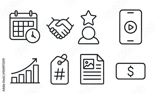 Social Media Icons. Outline vector icons of social media gigs: post scheduler, brand collab, influencer badge,