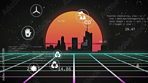 Upon code scrolling in, metric icons gliding across grid under skyline visualizing emissions trends