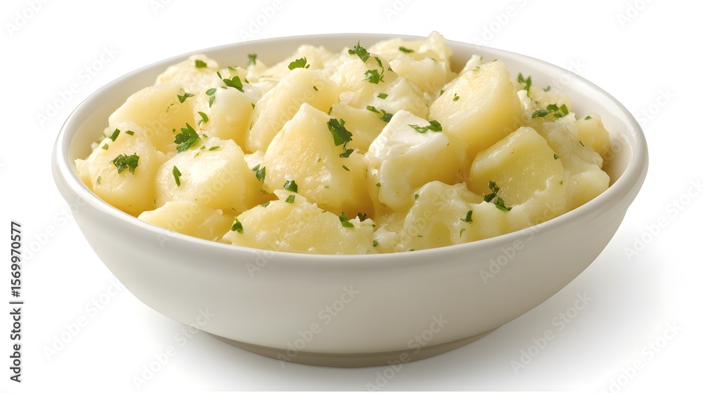 Creamy potato salad recipe with fresh herbs in a white bowl, easy side dish, summer picnic food idea Creamy potato salad recipe with fresh herbs in a white bowl, easy side dish, summer picnic food idea