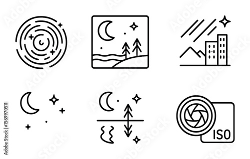 Night Photography Icons. Outline vector icons of night panorama photography: star trail, moonlight, long
