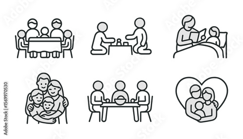 Quality Family Time Icons. Outline vector icons of quality family time: dinner table, board game, walk