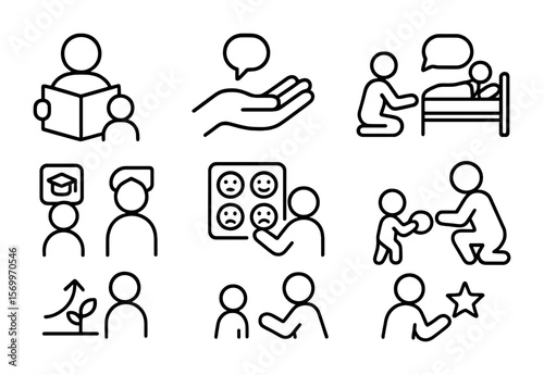 Parent-Child Line Icons. Outline vector icons of parent-child conversations: storybook, parent hand, bedtime