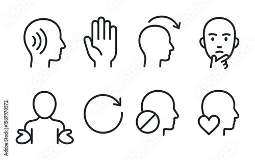 Active Listening Icons. Outline vector icons of active listening skills: focus icon, pause hand, head nod,