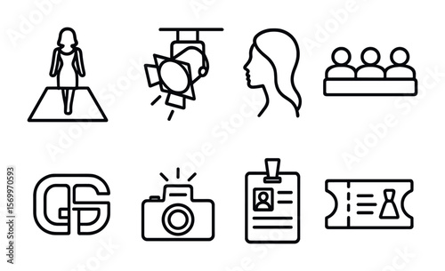 Fashion Show Icons. Outline vector icons of fashion shows and runway events: catwalk icon, spotlight, model