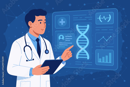 Medical doctor analyzing digital DNA data on futuristic electronic medical record interface. Healthcare technology, genetic research, data visualization, network connection concept