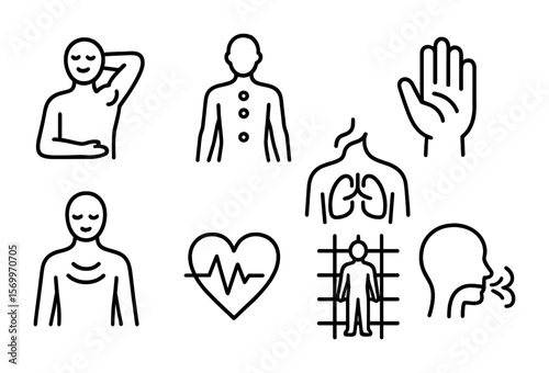 Body Awareness Icons. Outline vector icons of body awareness and breath: muscle relax, body map, chest icon,