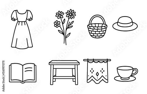 Cottagecore Vector Icons. Outline vector icons of cottagecore style: vintage dress, wildflowers, wicker basket