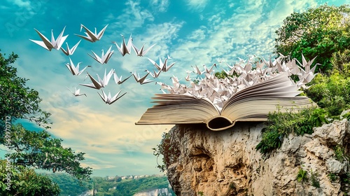 Village of paper cranes flying from a giant book lying open on a cliff