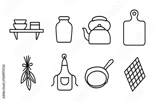 Farmhouse Kitchen Icons. Outline vector icons of farmhouse kitchen elements: open shelving, ceramic jar,