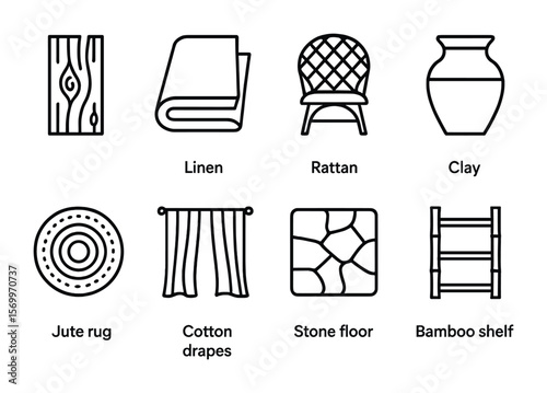Natural Material Icons. Outline vector icons of natural materials in interior: reclaimed wood, linen fabric,