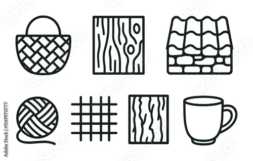 Traditional Rural Icons. Outline vector icons of traditional rural textures: woven basket, raw wood, stone