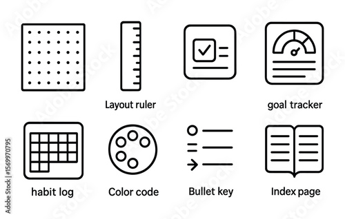 Bullet Journaling Icons. Outline vector icons of bullet journaling tools: dot grid, layout ruler, task box,