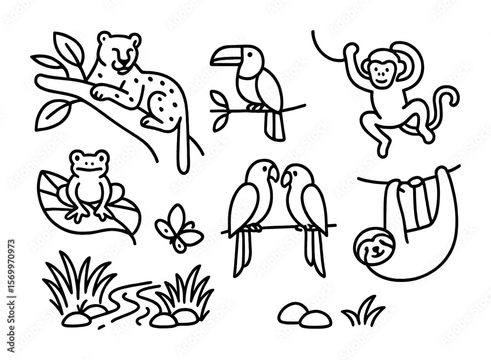 Fototapeta premium Jungle Harmony Icons. Outline vector icons of jungle animals in harmony: leopard in tree, toucan on branch,