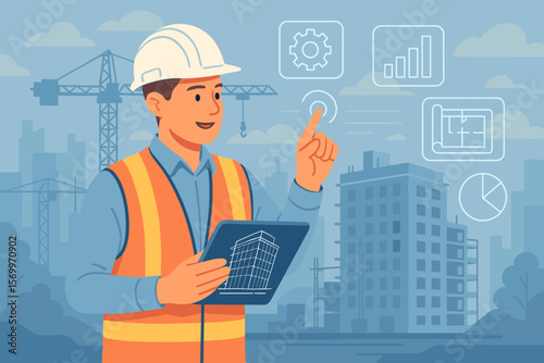 Construction engineer using digital tablet at building site. Smart technology, industrial innovation, advanced tools, digital planning, architecture, project management, data analysis