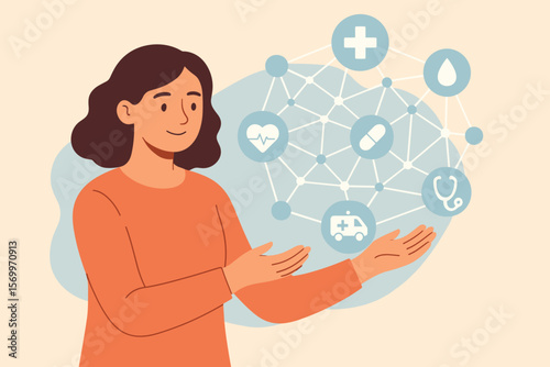 Woman presenting virtual healthcare network icons. Medical technology, telemedicine, digital health, patient awareness, hospital growth, pandemic healthcare innovation concept