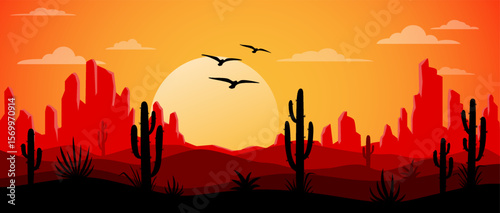 Landscape with desert, cactus and birds