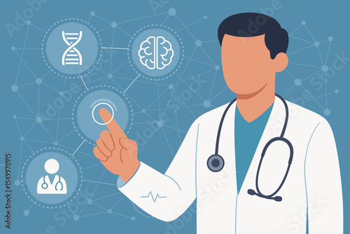 Doctor with Stethoscope Touching Virtual Interface, DNA Helix, Brain, Digital Healthcare Network, Medical Technology, Biotechnology, Telemedicine, Modern Medicine Concept