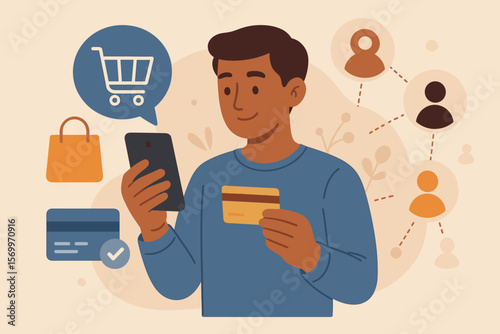 Online shopping payment with credit card and smartphone. E-commerce transaction, digital purchase, secure checkout, internet retail, mobile commerce, social network connection